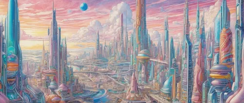 Imagine a futuristic city ruled by Mana Sama and depict its grandeur.,futuristic landscape,panoramical,gondolas,alien world,metropolis,fantasy city,fantasy landscape,cityscape,alien planet,sailboats,m