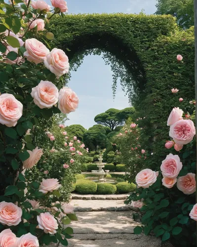 Describe a serene rose garden featured in a Rose Inc editorial.,rose arch,rose garden,rose wreath,roses frame,japan rose,julia child rose,landscape rose,garden rose,floral border,frame rose,secret gar