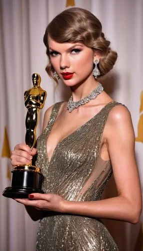 Taylor Swift, AI-generated, Oscar winner, glamorous, standing, confident pose, stunning evening gown, low-cut backless dress, sparkling diamond necklace, high heels, elegant updo, subtle smoky eyes, b