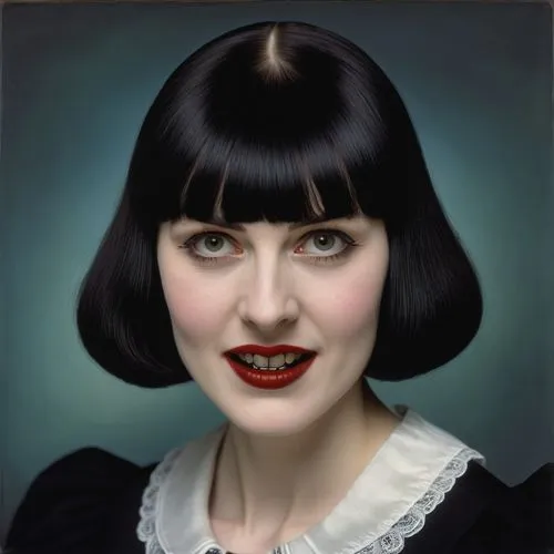 caucasian pale-skinned vampiress with bangs and short black hair dressed in formal wear are showing her fangs,a painting of a woman with dark hair and lipstick,vintage female portrait,romanija,portrai