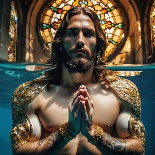 3D tattoo, Jesus Christ, detailed facial features, beard, long hair, sacred halo, white robe, golden accessories, muscular arms, majestic posture, praying hands, solemn expression, intricate design pa