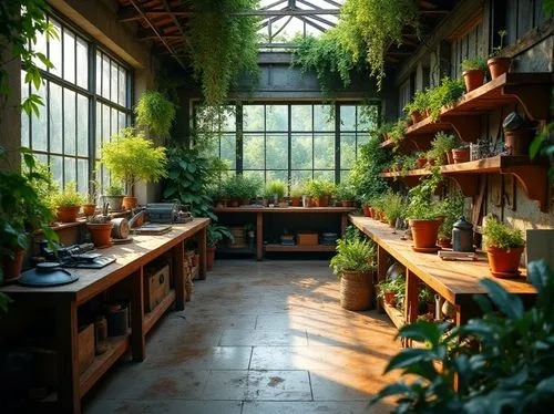 Industrial workshop, natural integration, plants on shelves, vines crawling up walls, wooden workbenches with potted trees, large windows with garden views, green roofs, skylights, warm natural lighti