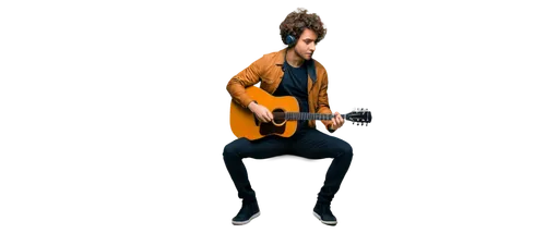 Headphones, solo, male musician, curly hair, casual wear, relaxed posture, playing guitar, acoustic guitar, wooden texture, soft lighting, warm color tone, shallow depth of field, 3/4 composition, mor