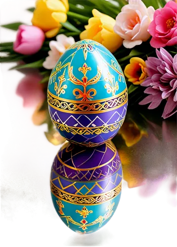 Easter egg, decorated, colorful, shiny surface, intricate designs, patterns, glitter, pastel colors, surrounded by flowers, greenery, solo, still life, soft focus, warm lighting, 3/4 composition, shal