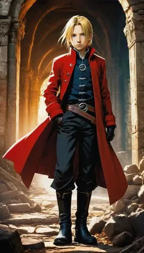 Edward Elric, young boy, blond hair, blue eyes, automail arm and leg, red coat, white shirt, black pants, boots, serious expression, standing, dramatic lighting, heroic pose, fantasy background, ancie