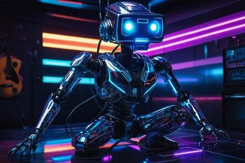 Vibrant Funko AI robot, shiny metallic body, glowing blue circuits, funky horn-shaped headgear, colorful wires wrapped around arms, legs, and torso, standing in a futuristic laboratory, neon lights re