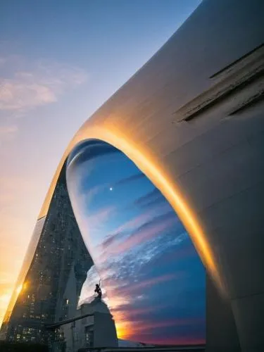 In a surreal and enigmatic scene, the majestic edificio futurista, casi futurista, emerges from the horizon, its sleek metallic surface reflecting the intense light of the nearby sunset. As it ascends