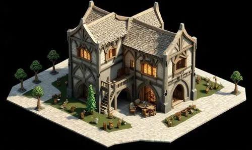 gondor building style, isometric, lotr,,an old fashioned house with an arched doorway and a porch,witch's house,maplecroft,house in the forest,forest house,riftwar,witch house