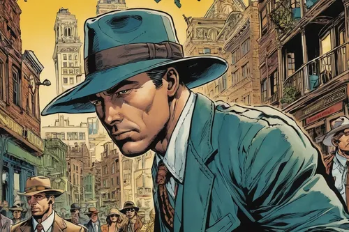 Craft a thrilling narrative about a detective who uses a straw hat as a disguise to solve a murder mystery in a bustling city.,casablanca,detective,indiana jones,lupin,holmes,fedora,wild west,sherlock