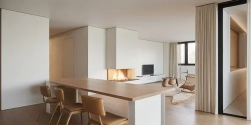 Minimalist Apartment Dinig and Living room Minimalist white fireplace in the middle light colored walls and ceiling
Light tone oak floor
Bronze metal window
Light curtains
Wooden dining table with woo