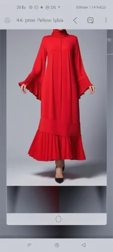 3d fashion drawing of women red  long maxi red dress fashion Muslim hijab with the pelisee and a lot of pleats on the end of dress with 
 red  colour by 4k ,a woman's long red dress with ruffle hems,c