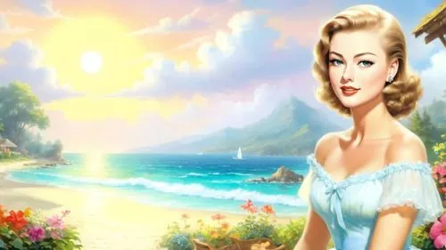 dark saturated colors, Romantic masterpiece oil painting, beautiful girl dainty sundress, nostalgic 1950's style kitsch, beach cafe cabana, cozy familiar scenery, by Thomas Kinkade, by Bob Ross, high 