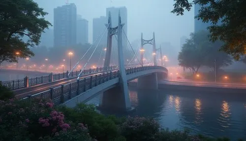 Elegant vehicular bridge, sleek modern design, silver metallic structure, suspended roadway, sturdy pillars, ornate railings, urban cityscape, misty morning atmosphere, soft warm lighting, shallow dep