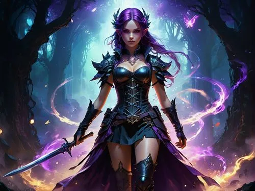 sorceress,violet head elf,female warrior,dark elf,the enchantress,huntress,fantasy warrior,fantasy woman,fantasy picture,fantasy art,blue enchantress,fantasy portrait,fae,dodge warlock,druid,purple wallpaper,undead warlock,warrior woman,purple,zodiac sign libra,Conceptual Art,Fantasy,Fantasy 05