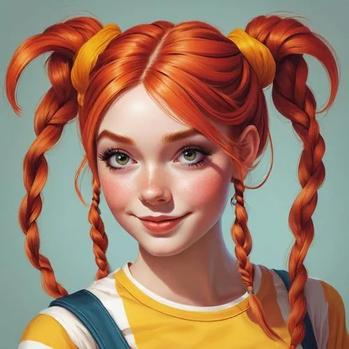 pippi longstocking,nami,vector girl,girl portrait,digital painting,pigtail,cinnamon girl,fantasy portrait,clementine,retro girl,maci,daphne,girl pony,world digital painting,girl drawing,cute cartoon character,hairtie,pony tails,redhead doll,disney character,Conceptual Art,Fantasy,Fantasy 03