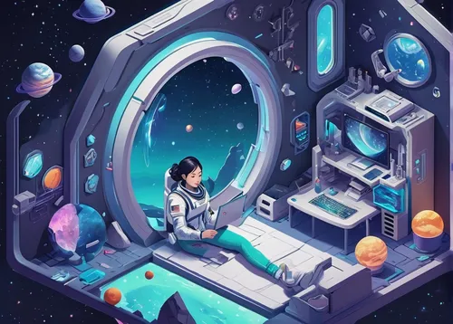 sci fiction illustration,astronomer,space art,astronaut,space,space travel,space port,astronautics,telescope,out space,space voyage,research station,astronauts,space capsule,game illustration,space station,capsule,spacesuit,earth station,spaceship space,Unique,3D,Isometric