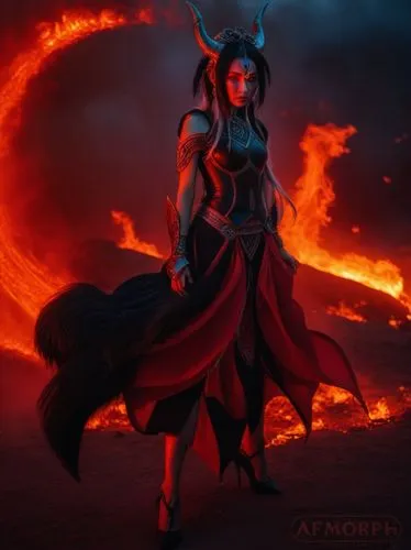 Una chica joven demonio con un cuerno en la frente ojos rojos pelo negro animal que emanan un aura de fuego rojo su mirada fría y penetrante ,abaddon,fire siren,alifirenko,cinder,hela,sorceror,niobe,a