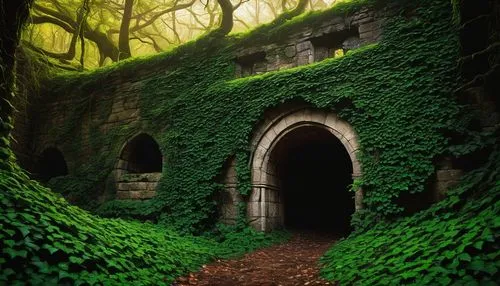 moss landscape,forest chapel,tunnel of plants,plant tunnel,wall tunnel,hollow way,abandoned place,abandoned places,witch's house,green wallpaper,hall of the fallen,archway,castle ruins,archways,holloways,green forest,doorways,tunnel,creepy doorway,fairytale forest,Illustration,American Style,American Style 08