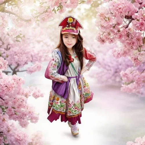 Orchard background, colorful flowers and butterflies,hanbok,girl in flowers,oriental princess,anime japanese clothing,oriental girl,children's background,little girl in pink dress,japanese floral back