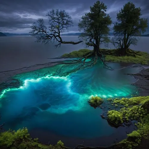 bioluminescent,bioluminescence,acid lake,volcanic lake,moss landscape,green trees with water,aaaa,emerald sea,underwater landscape,green aurora,green water,patrol,long exposure light,auroras,magic tree,aaa,aurorae,auroraboralis,long exposure,eutrophication,Conceptual Art,Fantasy,Fantasy 30