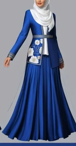 3d fashion drawing of long maxi  pelisee abaya for Muslim hijab for fat girl with Muslim hijab for very chic women big women with white and blue ,a woman wearing a long blue dress with white flowers,a