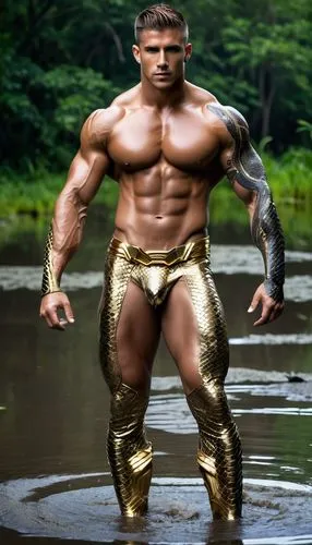 A gorgeous 30 years old Apollo with great powerful muscles sits in the swamp with full of uncountable anacondas, his body is partially covered by mud. Snakes wrapped in his legs, arms and all his body