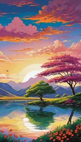 landscape background,purple landscape,japan landscape,beautiful wallpaper,beautiful landscape,windows wallpaper,japanese sakura background,nature background,colorful background,splendid colors,nature landscape,evening lake,sakura background,fantasy landscape,full hd wallpaper,hd wallpaper,nature wallpaper,river landscape,background colorful,world digital painting,Illustration,Japanese style,Japanese Style 06