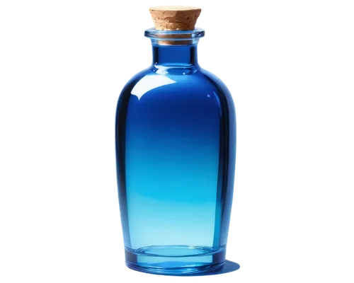 Transparent glass container, filled with shimmering blue liquid, rounded bottle shape, reflective surface, subtle gradient effect, soft focus, warm lighting, 3/4 composition, shallow depth of field, r