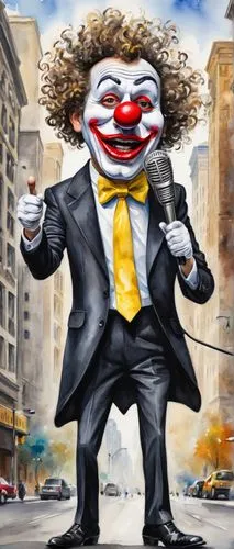 Comedy actor, wearing a colorful exaggerated mask, bright red nose, white face paint, oversized eyebrows, messy curly hair, yellow bow tie, black suit with a white shirt, standing in front of a city s