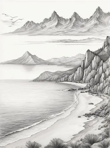 coastal landscape,beach landscape,sea landscape,navajo bay,seascape,seascapes,mountain and sea,an island far away landscape,fjord landscape,landscape with sea,baffin island,storfjorden,karst landscape,imhoff,silverpoint,cuillin,cliffsides,nordland,mountain beach,eigg,Illustration,Black and White,Black and White 30