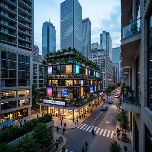 Urban cityscape, modern fusion architecture, sleek glass buildings, steel structures, rooftop gardens, green walls, bustling streets, busy intersections, neon lights, vibrant billboards, urban furnitu