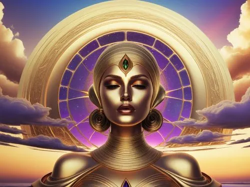 a digital painting shows an image of a woman in the air with clouds above her,qabalah,psytrance,lateralus,entheogens,wadjet,entheogenic,Illustration,Realistic Fantasy,Realistic Fantasy 45