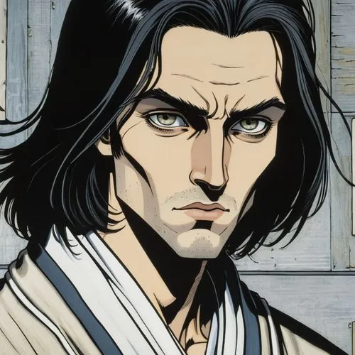 Close-up of an animated character with long black hair and light gray eyes, wearing a light-colored robe.,a character with black hair wearing a kimono,kaisar,sanosuke,katsusuke,kuchiki,yojimbo,ghazan,