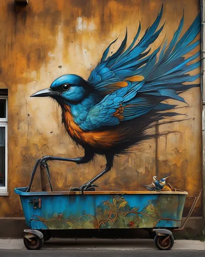 blue bird,bird painting,street art,graffiti art,streetart,urban street art,bluebird,street artist,bluebird perched,street artists,magpie,robin redbreast,urban art,griffon bruxellois,roadrunner,blue parrot,colorful birds,bird robin,twitter bird,tanager,Illustration,Realistic Fantasy,Realistic Fantasy 34