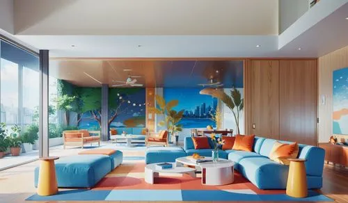 contemporary decor,interior modern design,penthouses,modern decor,modern living room,mid century modern,sky apartment,breakfast room,interior design,luxury home interior,livingroom,apartment lounge,living room,blue room,interior decoration,great room,mid century house,interior decor,family room,tropical house,Anime,Anime,Realistic