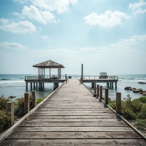 Weathered wooden docks, driftwood accents, sea-salt air, misty mornings, soft ocean breeze, calming blues, creamy whites, sandy neutrals, coral pinks, seaweed greens, rusty metal details, distressed t