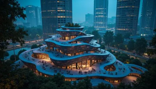 Organic metabolism-inspired building, undulating curves, biomimetic structures, iridescent materials, translucent membranes, cellular patterns, glowing accents, neon-lit nighttime scenes, futuristic c