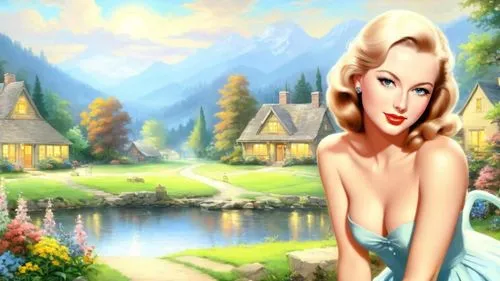 Romantic masterpiece oil painting, dark colors, beautiful skinny busty woman portrait, nostalgic 1950's style kitsch, cozy suburban rural American village landscape, highly detailed, high res, absurdr