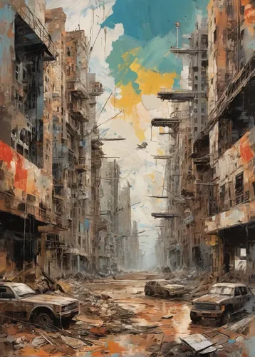 post-apocalyptic landscape,destroyed city,post apocalyptic,post-apocalypse,world digital painting,apocalyptic,gunkanjima,lost in war,slums,dystopian,hashima,wasteland,desolation,slum,dystopia,scorched earth,war zone,syria,human settlement,zao,Conceptual Art,Oil color,Oil Color 10