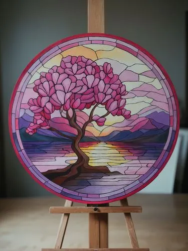 Картина на мольберте,an artistically designed stained glass art piece of a pink tree,glass painting,cherry blossom tree,painted tree,colorful tree of life,sakura tree,marble painting