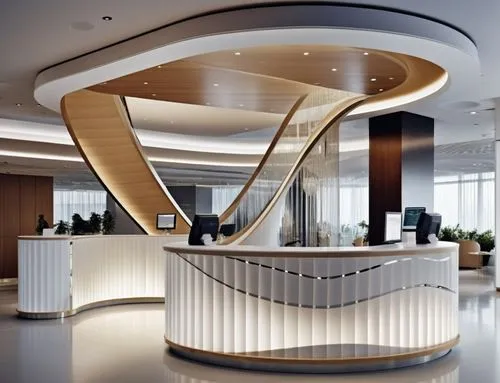 Design a modern and visually striking customer service counter for a shopping mall. The counter should feature a smooth and curvy wave design concept, seamlessly integrating a cove lighting system int