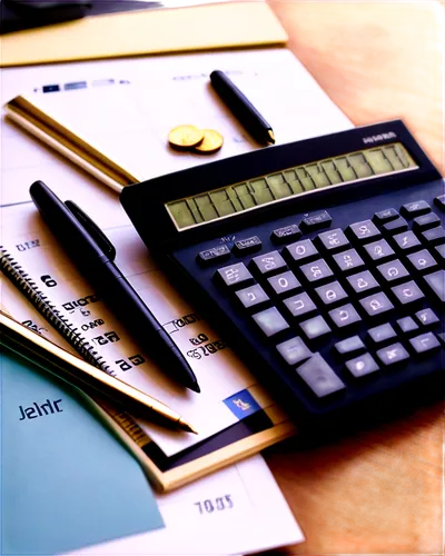 Revenue picture, financial concept, dollar bills, coins, calculator, ledger book, pen holder, office desk, morning light, shallow depth of field, 3/4 composition, warm color tone, cinematic lighting.,