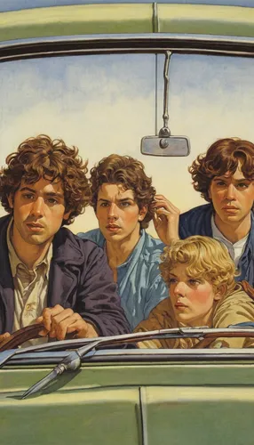 Write a comedy sketch about a group of friends going on a disastrous road trip.,family car,ford prefect,rearview mirror,the rolling stones,vintage art,rambler,vintage children,beetles,oil on canvas,bo