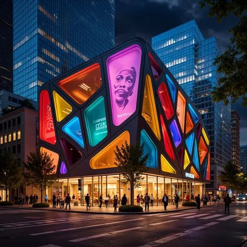 Vibrant music venue, postmodernist facade, irregular shapes, bold color blocking, fragmented forms, eclectic mix of materials, neon lights, LED displays, abstract patterns, geometric textures, dynamic