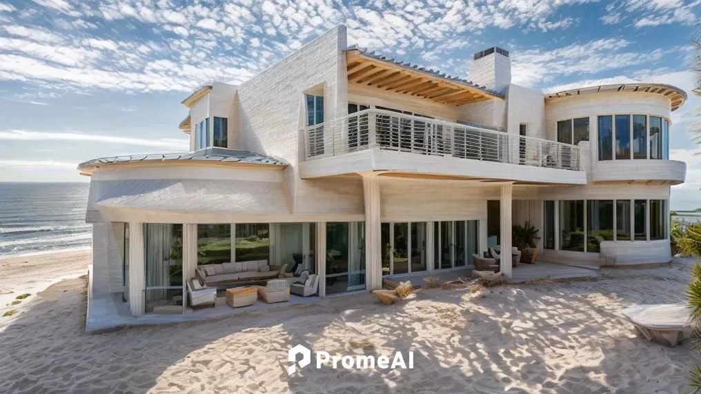 Nestled along the coastline of Florida, a breathtakingly beautiful White Stucco House Style with brown mix terracotta roof commands a panoramic view of the ocean, and large waves, perched majestically