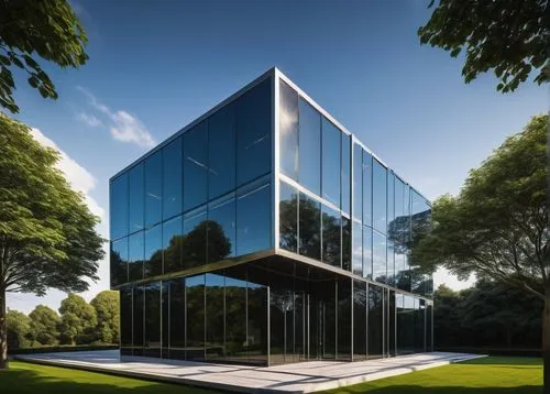 Trafford Park, modern cube architecture, futuristic design, sleek glass exterior, steel frame structure, sharp geometric angles, symmetrical composition, urban landscape, greenery surroundings, vibran