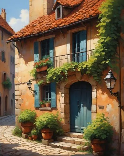 medieval street,provence,provencal,maisons,medieval town,auberge,townscapes,highstein,grasse,toscane,cobblestone,tuscan,quirico,old town,france,redwall,houses clipart,alsace,narrow street,cobblestones,Conceptual Art,Oil color,Oil Color 04