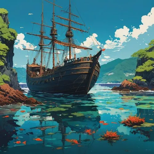 boat landscape,world digital painting,ghibli,shipwreck,harbor,fjord,yamatai,studio ghibli,novigrad,underwater background,sea sailing ship,boats,old ship,pirate ship,caravel,fjords,ponyo,ocean background,digital painting,sea landscape