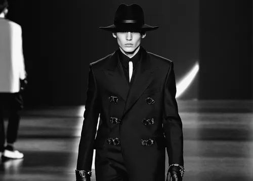 dress walk black,black coat,black hat,overcoat,woman in menswear,trench coat,frock coat,menswear,slender,male model,men hat,mannequin silhouettes,tisci,bowler hat,catwalk,film noir,versace,trilby,long coat,runway,Illustration,Japanese style,Japanese Style 17