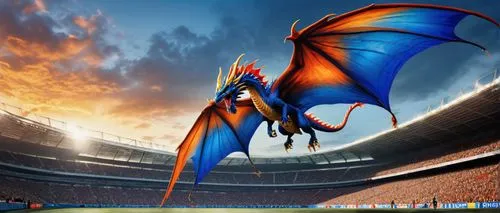 A powerful blue dragon spitting flaming fire gracefully over a sprawling stadium, its blue wings spread wide as it prepares to dissipate its wings, spitting fire from the mouth. The sun is rising, cas